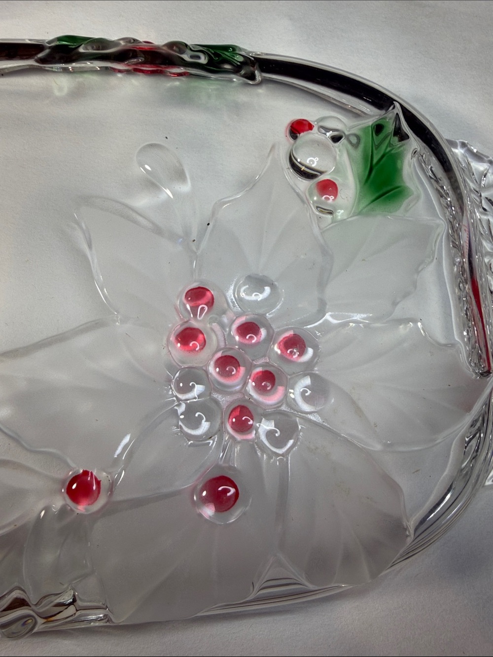 Clear Poinsettia Glass Serving Tray with Red and Green Accents - Picture 6 of 7